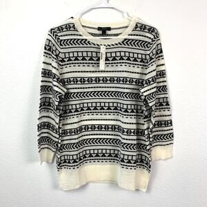 J.Crew Ivory Black Merino Wool Fair Isle Crewneck 3/4 Sleeve Sweater L NWT